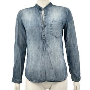Bella Dahl Top Womens XS Blue Chambray Tencel V-Neck Country Western Cowgirl